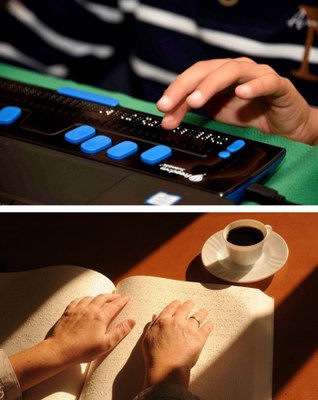 Collage con dos personas ciegas leyendo en braille, arriba sobre una línea informática, abajo sobre papel