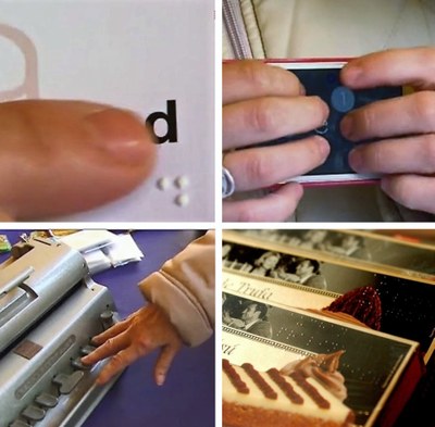 Collage con imágenes de reconocimiento de braille sobre papel y un anotador digital y (abajo) una máquina Perkins y un producto de alimentación etiquetado en braille 