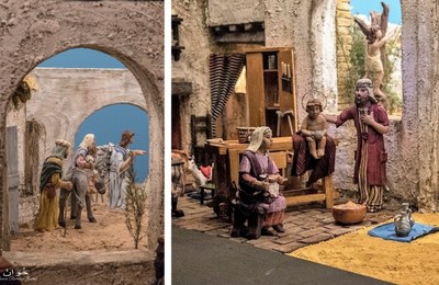 Collage con la escena principal del Misterio (a la derecha) y una de las mini-escenas (diorama) con la huida a Egipto de la sagrada familia 