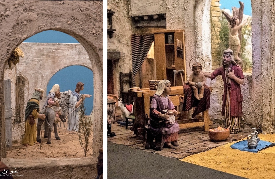 Collage con la escena principal del Misterio (a la derecha) y una de las mini-escenas (diorama) con la huida a Egipto de la sagrada familia 