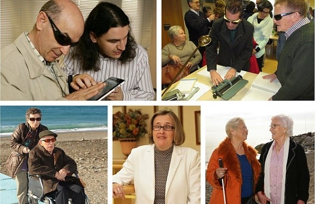 Collage de imágenes de afiliados mayores en diversas actividades, con Imelda Fernández en el centro 
