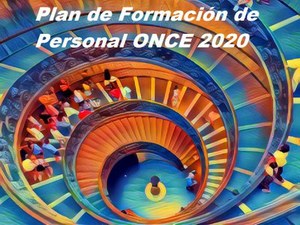 Grafismo ilustrativo del programa formativo, con una gran escalera de caracol transitada por distintas personas