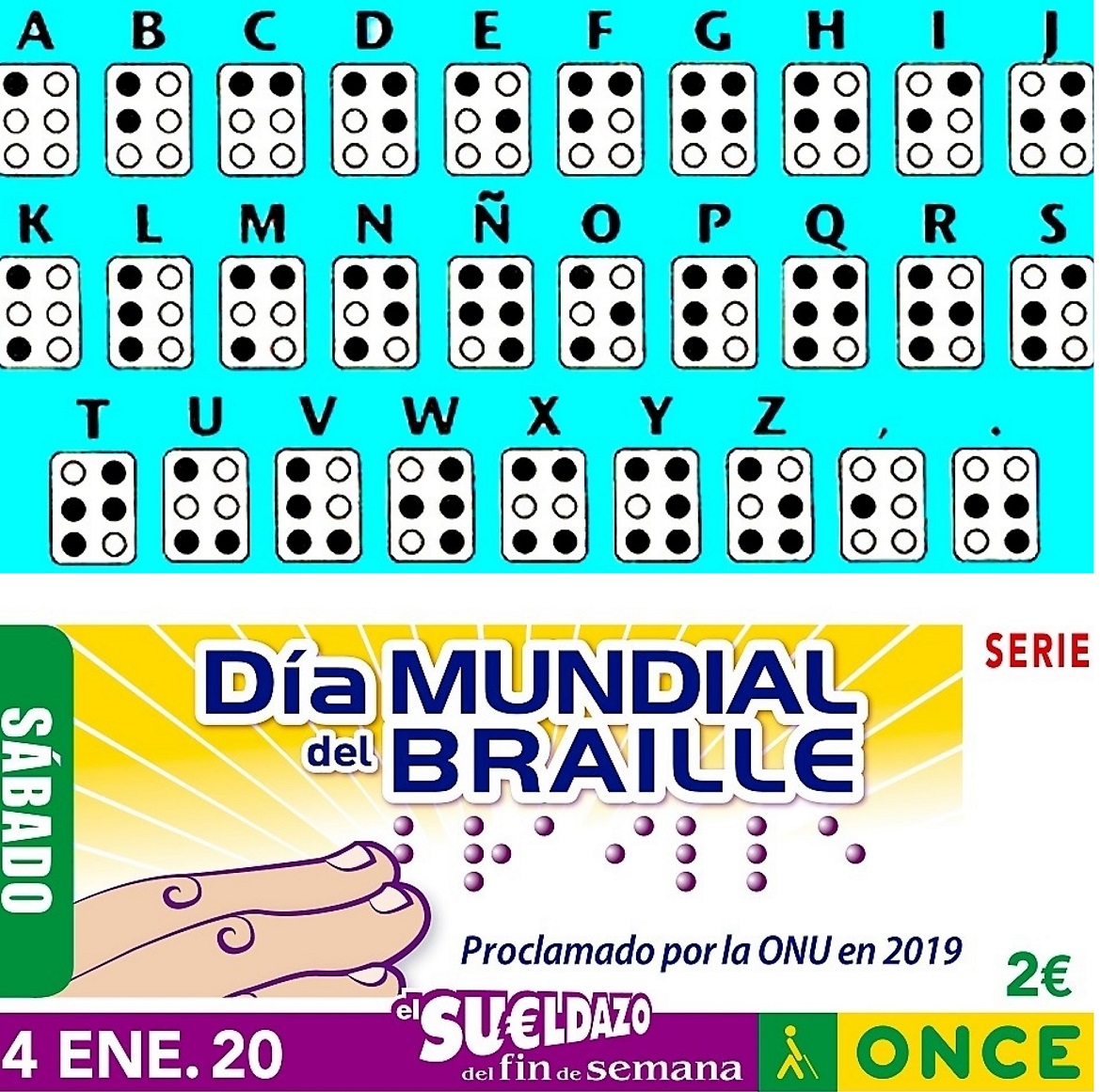 Montaje con el alfaberto braille (arriba) y el cupón dedicado por la ONCE a este Día Mundial