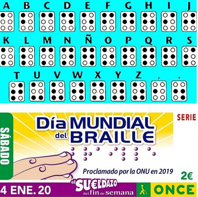 Montaje con el alfaberto braille (arriba) y el cupón dedicado por la ONCE a este Día Mundial