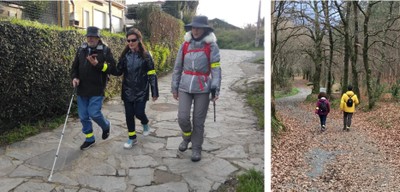 Montaje gráfico con dos caminantes en la ruta y una persona ciega, junto a otros dos acompañantes, guiados por la app del móvil