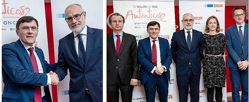 A la izquierda, Alberto Navarro y Alberto Durán estrechan sus manos; a la derecha, foto de familia de las delegaciones de ambas entidades
