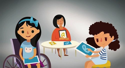 Dibujo alusivo a tres jóvenes alumnas, cada una con un tipo de discapacidad