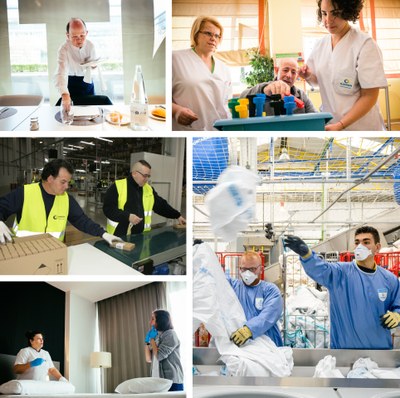 Collage de trabajadores de Ilunion en Lavanderías, Hoteles, Servicios y Residencias