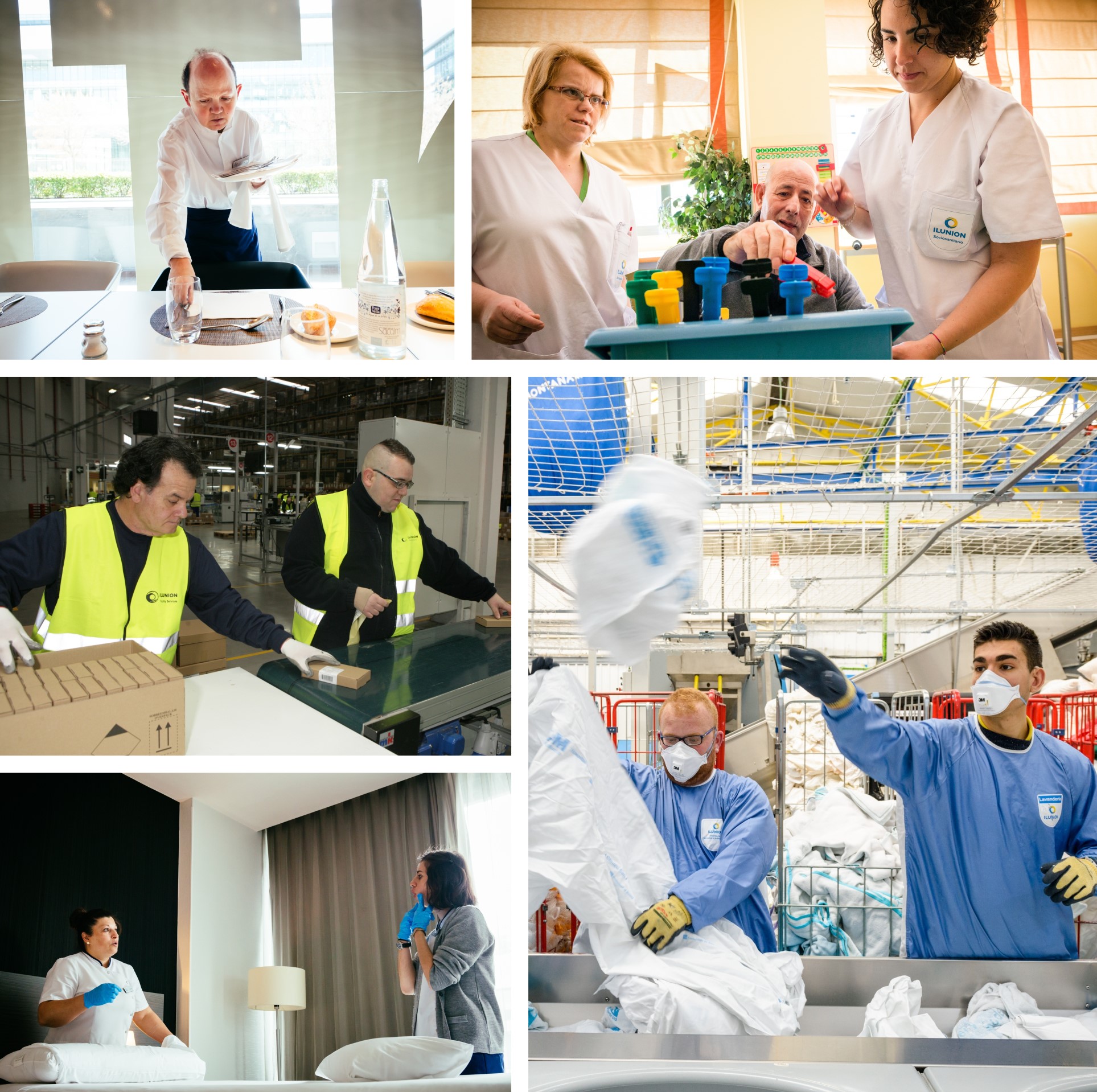 Collage de trabajadores de Ilunion en Lavanderías, Hoteles, Servicios y Residencias
