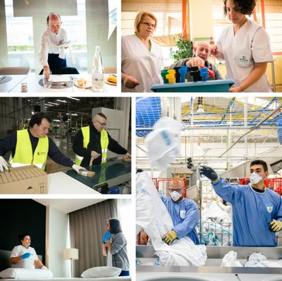 Collage de trabajadores de Ilunion en Lavanderías, Hoteles, Servicios y Residencias