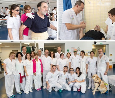 Collage con imágenes de Sara Rodríguez Nieto y Alfonso Serna Herguedas mientras realizan sus prácticas con pacientes del HNP de Toledo y junto al grupo de compañeros fisioterapeutas