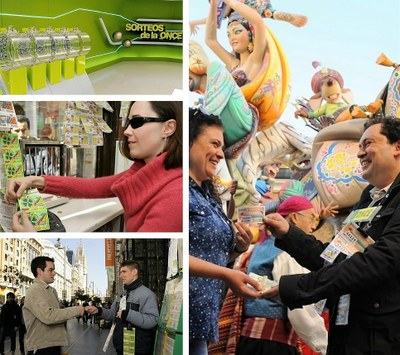 Collage con imágenes del estudio de TV para los sorteos ONCE y de distintas escenas de venta de sus productos por agentes en la calle 