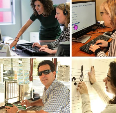 Composición fotográfica con tres mujeres y un hombre, todos personas ciegas, en distintas actividades laborales