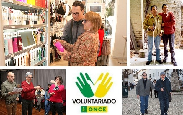 Distintas imágenes de voluntariado. Arriba a la derecha, voluntario de FOAL acompañando a una persona ciega.