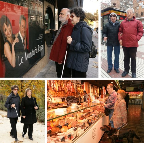 Arriba y abajo, a la izquierda, Florentina acompañada por varios voluntarios. A la derecha, Roberto Valbuena con un usuario,  abajo María José acompañada por un voluntario.