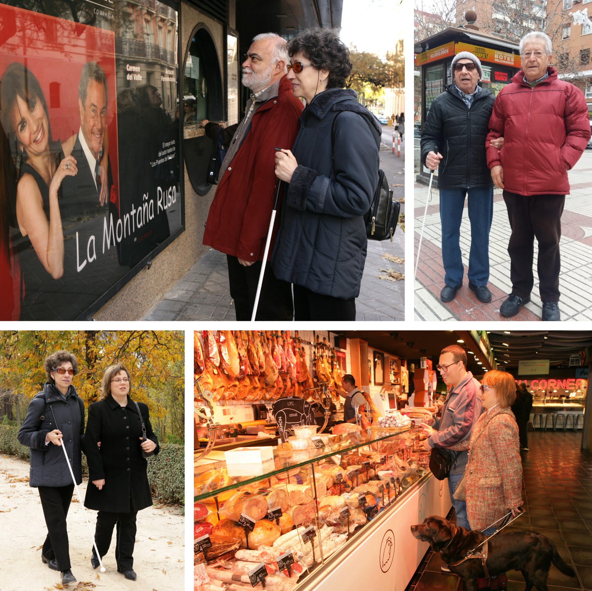 Arriba y abajo, a la izquierda, Florentina acompañada por varios voluntarios. A la derecha, Roberto Valbuena con un usuario,  abajo María José acompañada por un voluntario.