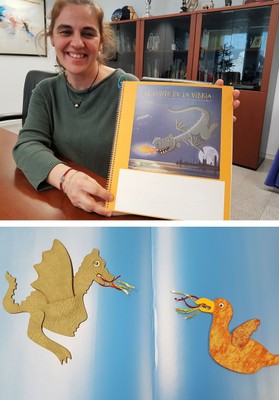 La autora nos muestra la portada del libro (arriba) sobre la reproducción de una doble página del cuento con dos ilustraciones en relieve