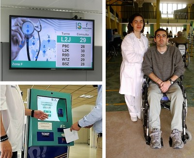 Montaje gráfico con el sistema de asignación electrónica de turnos de paso en un centro de salud y (a la derecha) un hombre en silla de ruedas junto a su enfermera en un centro de rehabilitación