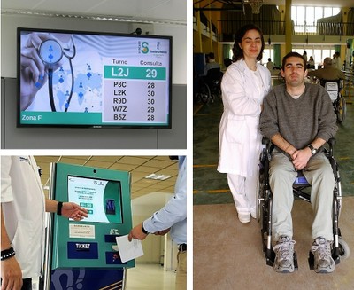 Montaje gráfico con el sistema de asignación electrónica de turnos de paso en un centro de salud y (a la derecha) un hombre en silla de ruedas junto a su enfermera en un centro de rehabilitación