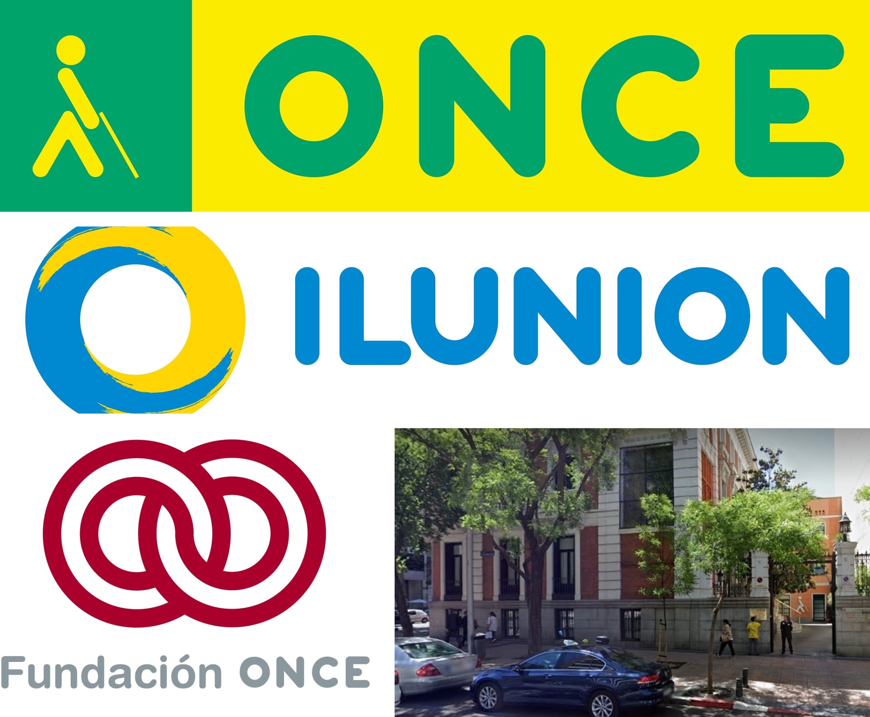 Montaje gráfico con la fachada del Consejo General y los logos de ONCE, Fundación ONCE e Ilunion