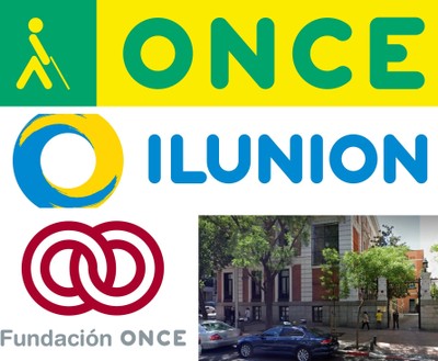 Montaje gráfico con la fachada del Consejo General y los logos de ONCE, Fundación ONCE e Ilunion