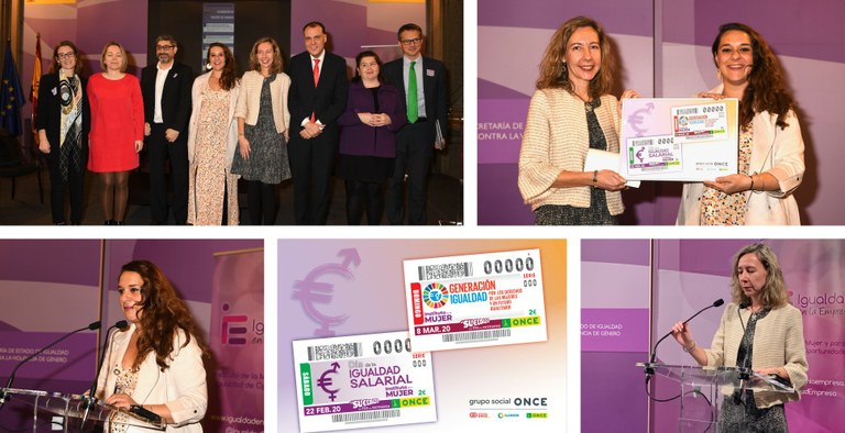 De izda a dcha y de arriba a abajo: foto de familia de consejeros generales de la ONCE junto a Noelia Vera; Patricia Sanz y Noelia Vera muestran los cupones dedicados, y abajo detalle de ambos cupones e intervenciones de Noelia y Patricia en el acto