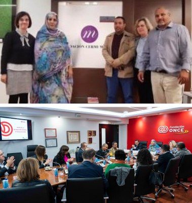 Arriba, foto de familia en la sede de la FCM. Abajo, reunión en la sede de Fundación ONCE