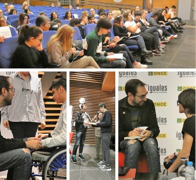Montaje  con distintos momentos del acto y de la interlocución entre Nando López y los alumnos