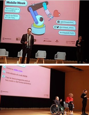 Montaje gráfico con Enric Botí presentando el acto (arriba) y abajo Joan Pahisa pronunciando su ponencia de apertura