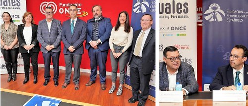 Montaje gráfico con foto de familia de los participantes en el acuerdo y (a la derecha) Martínez Donoso y el director gerente de la FFE