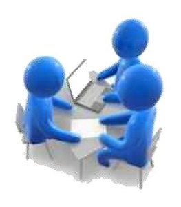 Pictograma representando la conversación en torno a una mesa de un formador con dos alumnos