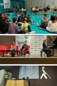 De arriba a abajo, distintos momentos del taller de Comunicación padres/hijos, del concierto-charla del Dúo Musicuatro y de la ponencia sobre ciberacoso de la Policía