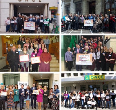 De arriba a abajo y de izd a dcha: actos de presentación del cupón del Día Internacional de la Mujer en Málaga, Jerez, Jaen, Cádiz, Almería y Huelva