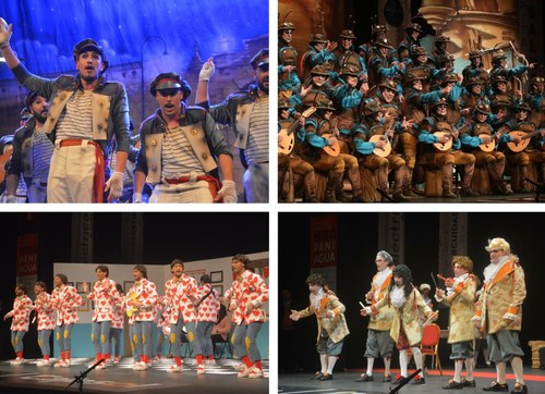 De arriba a abajo y de izd a dcha: "Los pacientes", "La Colonial", "Los del corazón partío" y el cuarteto "Merda, merda, mucha merda"