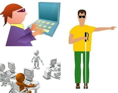 Dibujos alusivos a una persona ciega indicando con su dedo una dirección y de dos ambientes laborales inclusivos
