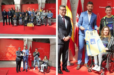 Montaje gráfico con, a la izquierda, la representación de la ONCE en la sede de la Comunidad (arriba) y la entrega de la Copa a Roberto Núñez. A la derecha le regalan una camiseta del equipo