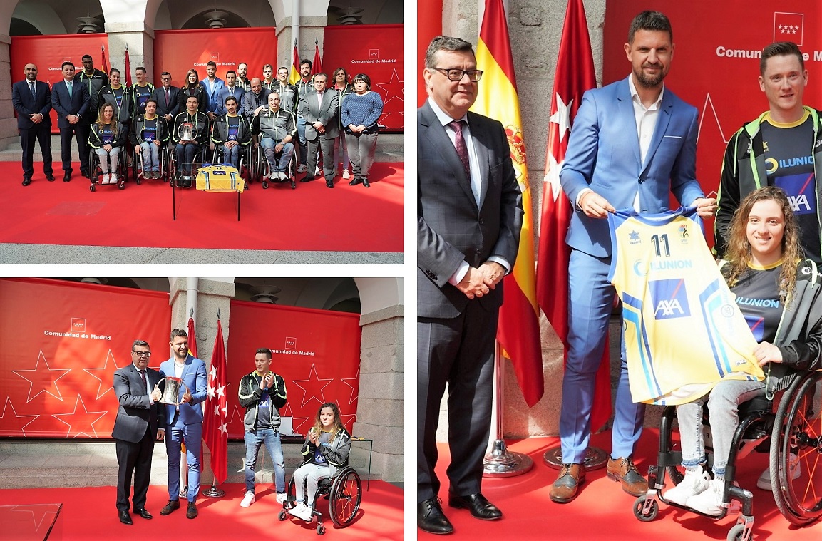 Montaje gráfico con, a la izquierda, la representación de la ONCE en la sede de la Comunidad (arriba) y la entrega de la Copa a Roberto Núñez. A la derecha le regalan una camiseta del equipo