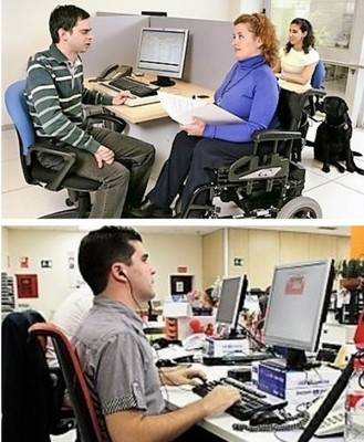 Montaje gráfico con dos imágenes de personas ciegas en sendos espacios laborales administrativos