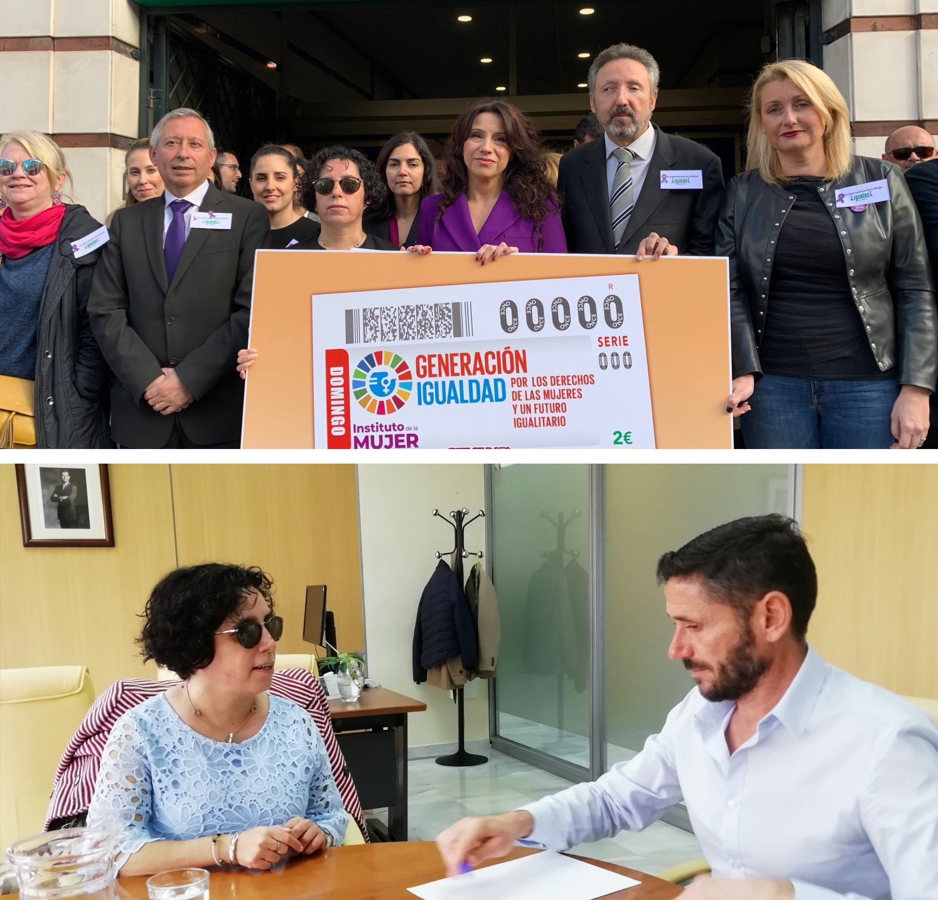 Presentación en Sevilla del cupón dedicado, con los máximos responsables de la ONCE en la región. Abajo, reunión de Isabel Viruet y Ángel Mora Cañizares