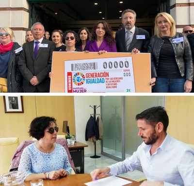 Presentación en Sevilla del cupón dedicado, con los máximos responsables de la ONCE en la región. Abajo, reunión de Isabel Viruet y Ángel Mora Cañizares
