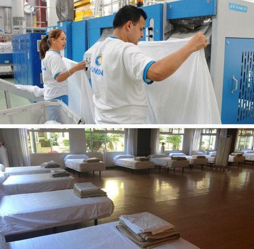 Arriba, empleados de lavandería Ilunionm Valladolid y abajo interior del hotel Alcora medicalizado