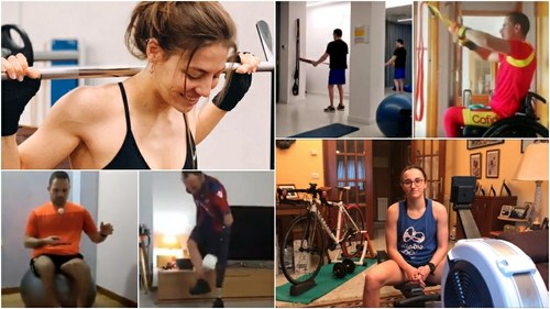 Collage de imágenes de deportistas paralímpicos realizando su entrenamiento en su propio domicilio