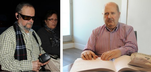 A la izquierda, una persona ciega utiliza un terminal de Audesc en un espectáculo; a la derecha, otro afiliado leyendo braille