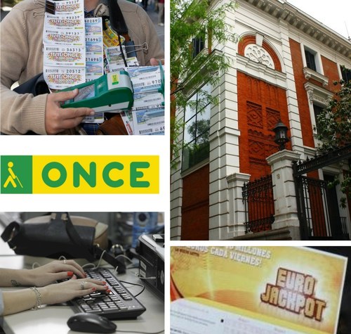Collage de imágenes: logo de la ONCE, fachada del Consejo General, boleto de Eurojackpot, vendedor de la ONCE y puesto administrativo en oficina.