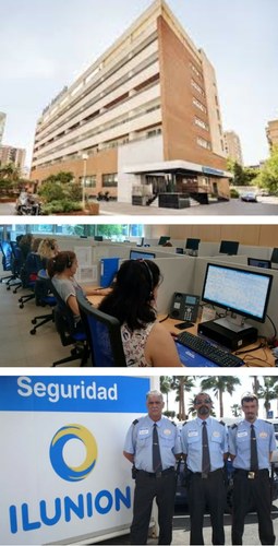 De arriba a abajo, el Hotel Ilunion Romareda, uno de los centros de contact center del grupo y tres vigilantes de Seguridad de Ilunion