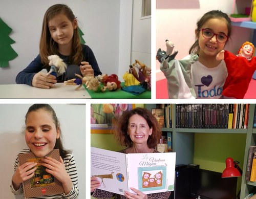 Arriba, de izq. a dcha., Blanca Quesada y Chloe Martínez, alumnas de 1 y 2 de Primaria. Abajo, Rebeca Davies, de 5º de Primaria, y la maestra Elisa Poyatos.