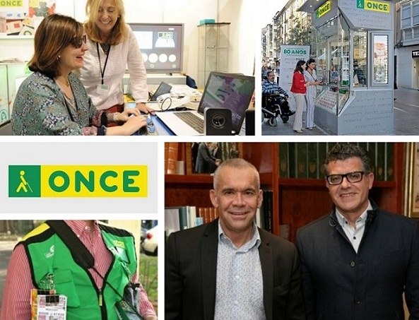 Collage de imágenes alusivas a trabajadores de la ONCE. En el centro, Jorge Íniguez junto a Diego Sayago, presidente del Comité Intercentros y secretario general de UTO-UGT