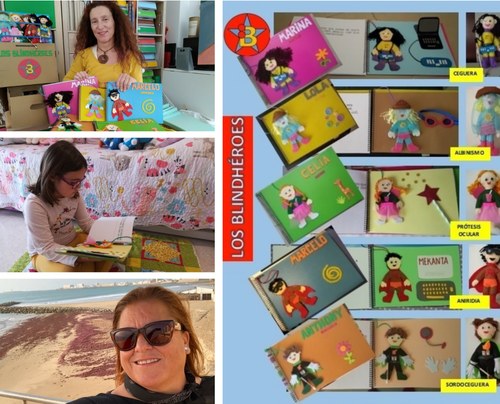 De izda. a dcha y de arriba a abajo: Mª Jesús Gómez, alumna afiliada de 6 años, Helia Caro, y Rocío de  Castro. A la derecha cartel de Los Blindheroes
