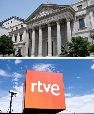 Fachada del Congreso de los Diputados y (abajo) imagen de las instalaciones de RTVE