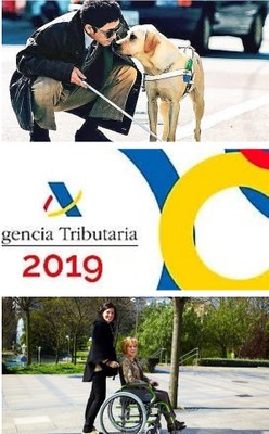 Logo de la campaña de Renta 2019 flanqueado (arriba y abajo) por las imágenes de una persona ciega y otra en silla de ruedas